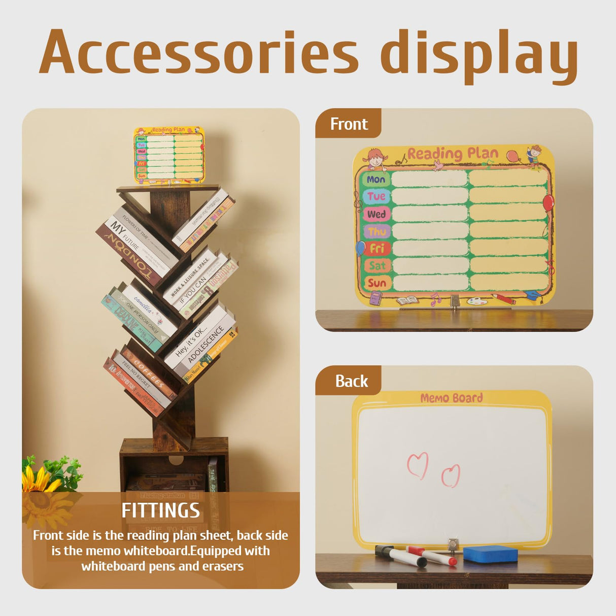 7 Tier Tree Book shelf, Small Bookcase with Reading Planner and Activity Panel, Modern Floor Standing Corner Tall Narrow Storage Cabinet Bookshelves for Home Office Bedroom Living Room (Rustic Brown) FredCache