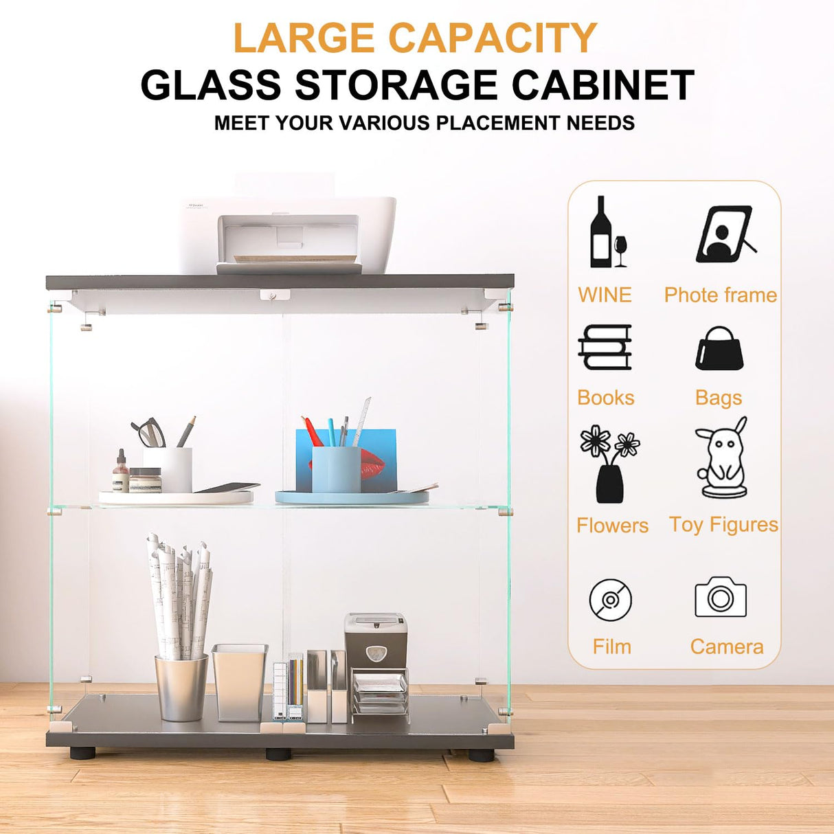 AUCARE Display Cabinet with Glass Doors, Glass Display Cabinet with Lock, 2-Tier Curio Cabinet&Bookcase for Collectibles, Toys, Books, Glass Storage Cabinet, 32" W x 34" H x 14" D AUCARE