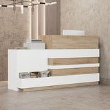 FAMAPY Reception Desk with Drawer & Cabinet, Reception Counter Desk with Keyboard Tray, Front Reception Table Retail Counter for Checkout, for Office Store, Oak and White, 25.2”D x 87.2”W x 47.2”H FAMAPY