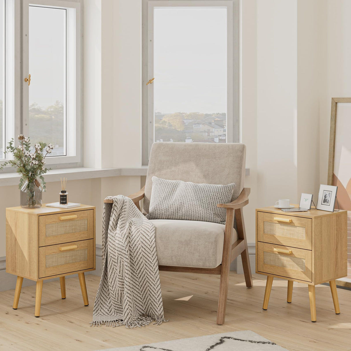 Masupu Rattan Night Stand,Modern nightstand Boho Bedside Table with 2 Drawer,Small End Side Table for Bedroom,Living Room,Office,Natural Masupu