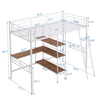 Twin Loft Bed with Desk and Storage, Heavy Duty Loft Bed Twin Size, Twin Size Loft Bed with L-Shaped Desk and Guardrails, Twin Loft Bed for Kids, Girls, Boys(Twin White