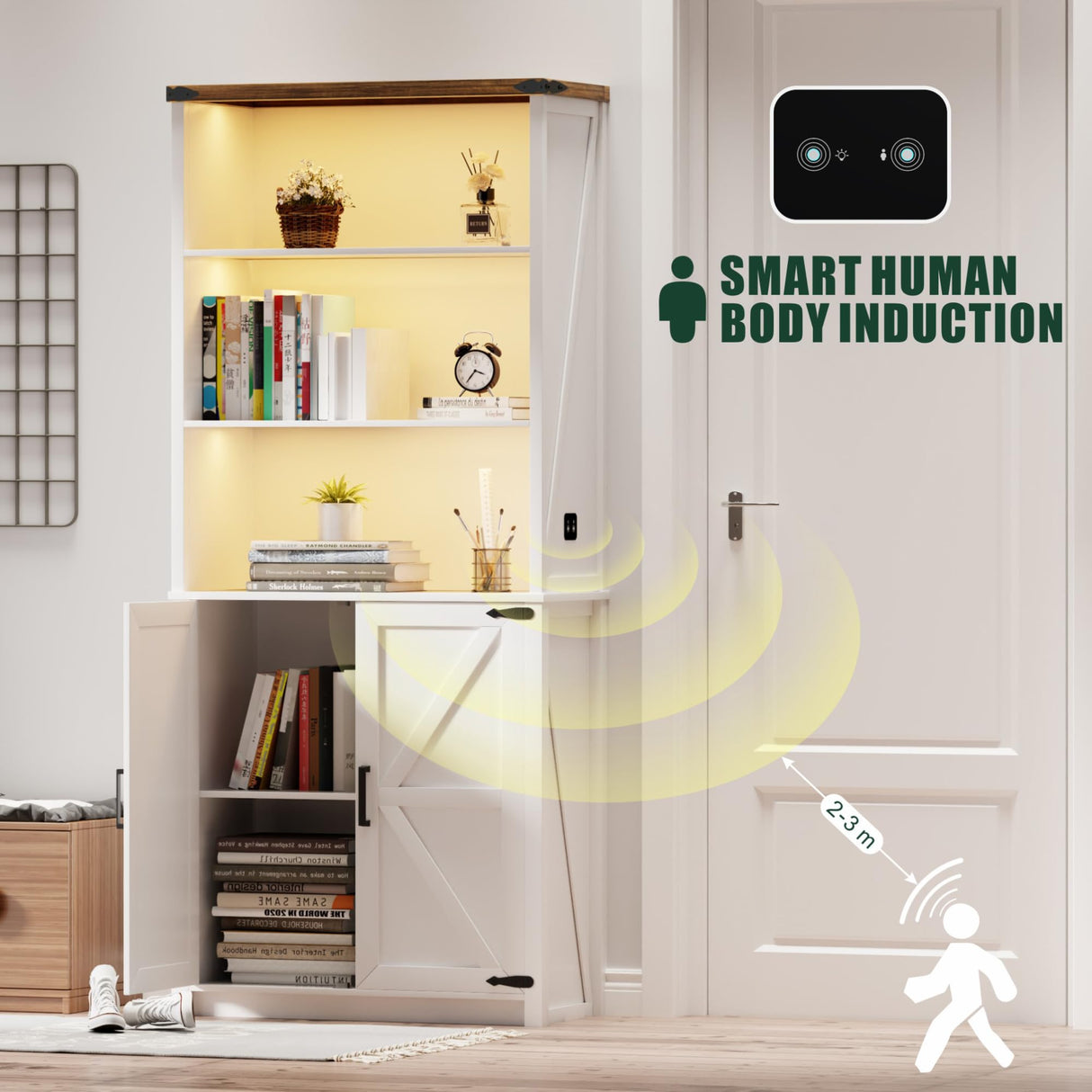 FREDEES Farmhouse White Tall Bookcase with LED Lights and Storage Cabinet, 30" W x 69" H FREDEES