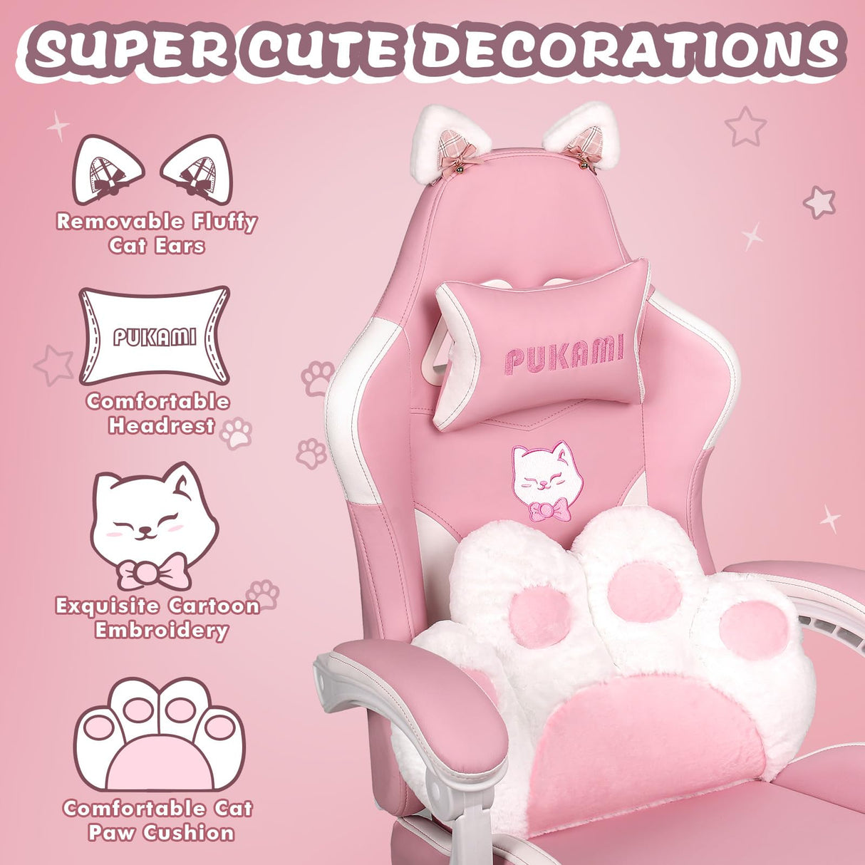PUKAMI Pink Gaming Chair with Cat Ears and Cat Paw Cushion Pillow,Cute Computer Chair for Girl with Footrest,Ergonomic Gamer Chair, Kawaii Gaming Chair,Reclining Game Chair(Pink) PUKAMI