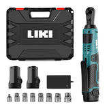 LIKI Cordless Electric Ratchet Wrench Set, 3/8" 12V Cordless Ratchet Kit，2 Packs of Lithium-ion Batteries and Chargers, 8 Sockets LIKI