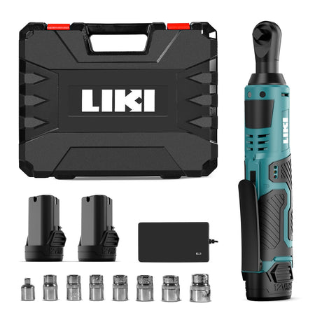 LIKI Cordless Electric Ratchet Wrench Set, 3/8" 12V Cordless Ratchet Kit，2 Packs of Lithium-ion Batteries and Chargers, 8 Sockets LIKI