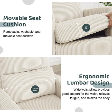 AEMEIOS Swivel Rocker Recliner, Oversized Manual Nursery Glider Rocking Recliner Chair with Removable Cushion, Upholstered Swivel Reclining Chair for Nursery Living Room Bedroom, Corduroy White AEMEIOS