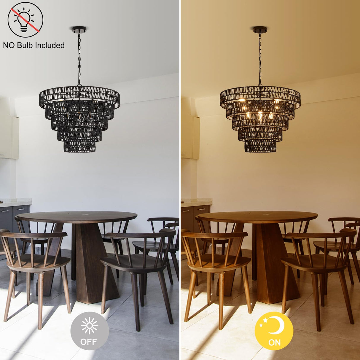 Widluth 25.6” Black Hand-Woven Rattan Chandelier Vintage Farmhouse 8-Lights Boho Large Bamboo Chandelier Light Fixture Retro 5-Tier Drum Wicker Chandelier for Dining Room, Kitchen, Bedroom, E12 Widluth