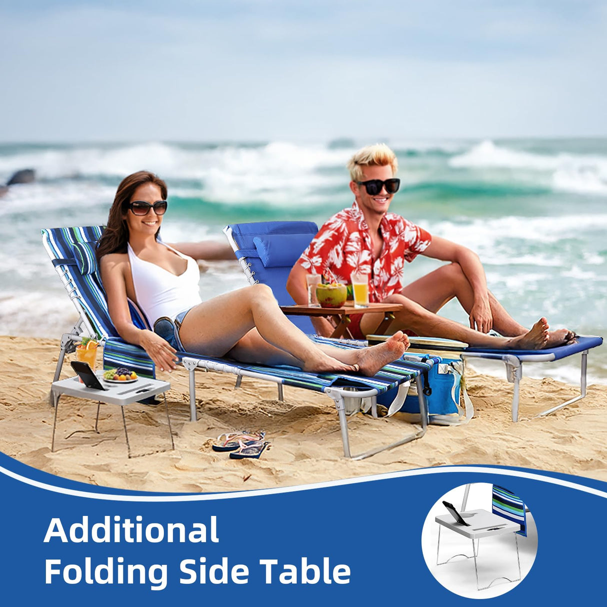 3-in-1 Beach Chair Face Holes, Lounge Chair Outdoor with Folding Side Table, 5-Position Recliner, Lay Flat, Removable Pillow, Heavy Duty, Max 330lbs, Poolside, Patio, Camping, Backyard Striped Blue Yestomo