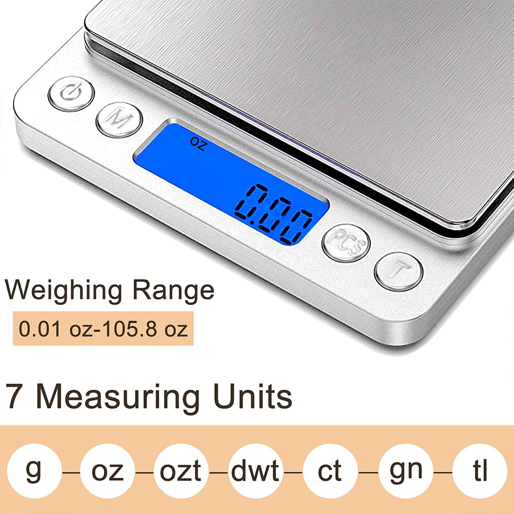 Food Scale Digital Kitchen Scale for Food Ounces and Grams, Small Electronic Pocket Scale for Weight Loss, Baking, Cooking, Coffee, Jewelry, 6.6lb/3kg, 0.01oz/0.1g Precision (Batteries, 2 Trays) Sylhair