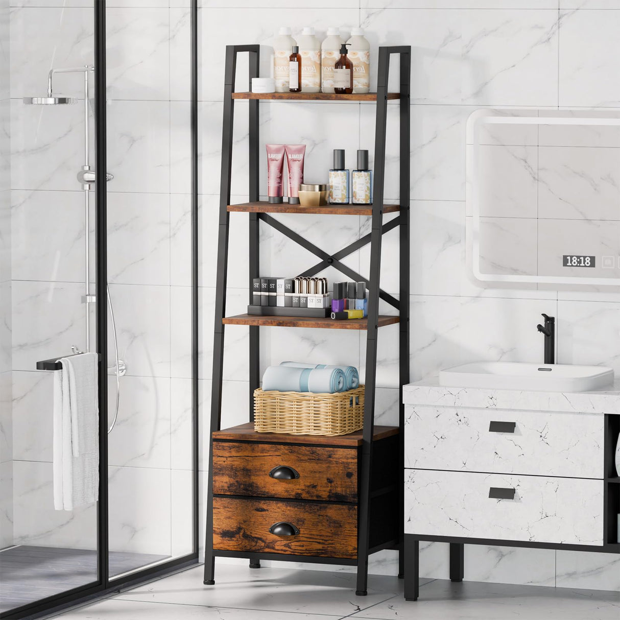 Furologee 4-Tier Ladder Shelf,Small Bookshelf with 2 Drawers,Vertical Bookcase Storage Rack Organizer,Rustic Bookshelves for Living Room,Bedroom,Bathroom,Home Office,Kitchen,Rustic Brown Furologee