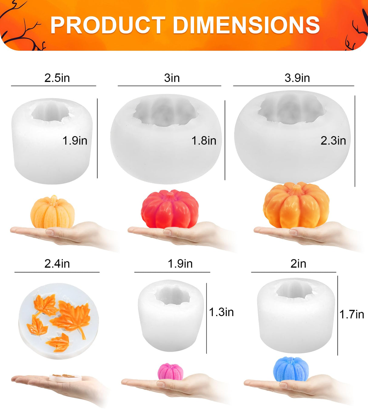 MGLIFEUL 6 pcs Upgrade Large Halloween Pumpkin Maple Leaf Candle Silicone Candle Mold with Wax Core, Halloween Fall Pumpkin Candle Resin Soap Molds Silicone Suitable for Businesses or households MGLIFEUL