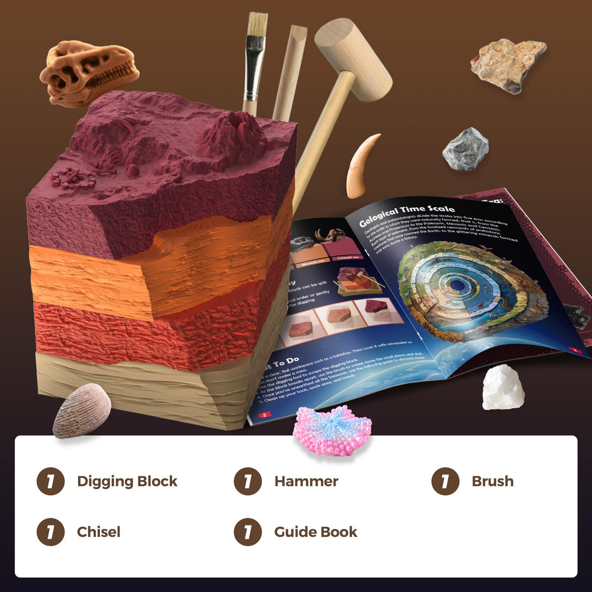 EDUMAN Paleontological Site Fossil Dig Kit for Kids, Dig Up 4 ERAS Ancient Creatures Kit, Archaeology Kits with Rocks and Minerals, Educational Stem Toy for Kids Age 6+, Birthday Gift for Boys Girls EDUMAN