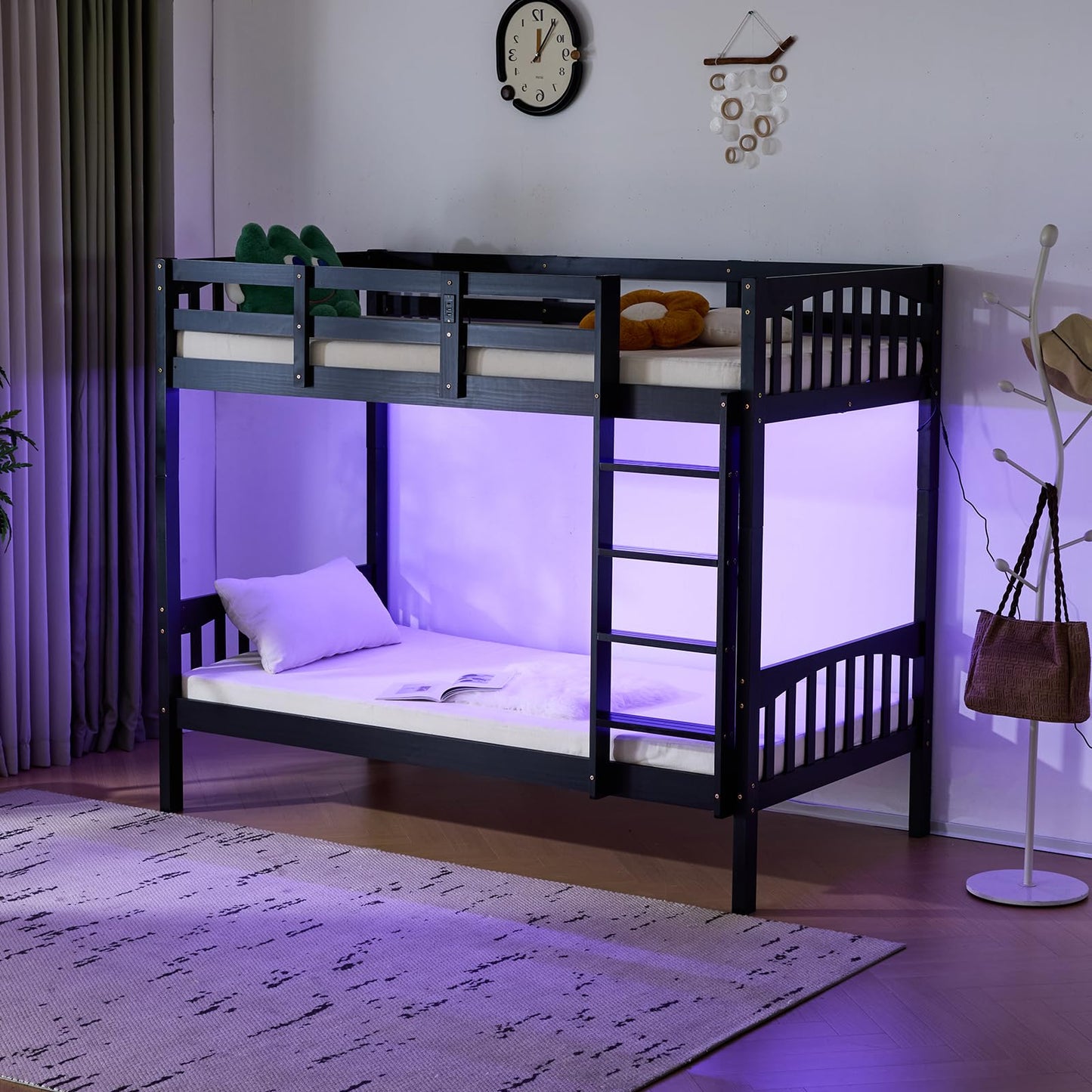 VINGLI Twin Bunk Bed with RGB LED Strip and Charging Station - High Wood Guardrail - Bunk Beds Stylish & Functional Design for Kids, Teen