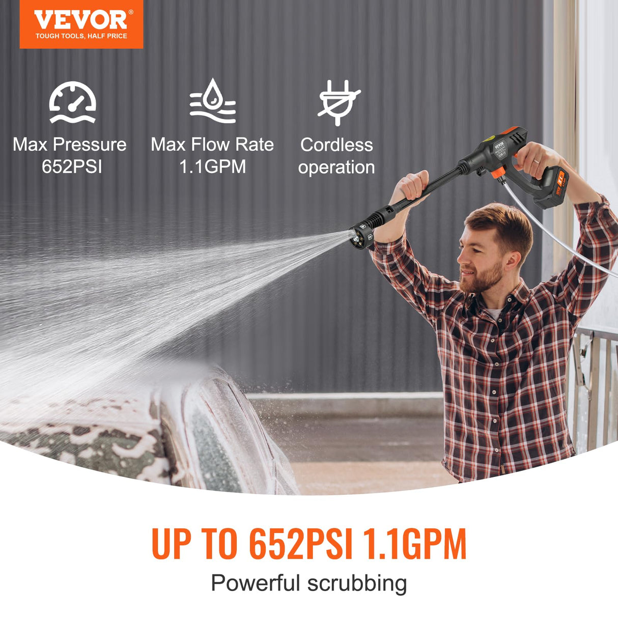VEVOR Cordless Pressure Washer, 652-PSI 1.1 GPM Portable Power Cleaner, Handheld High-Pressure Car Washer Gun with 4.0Ah Battery, Charger, 6-in-1 Nozzle, for Home/Floor Cleaning & Watering VEVOR