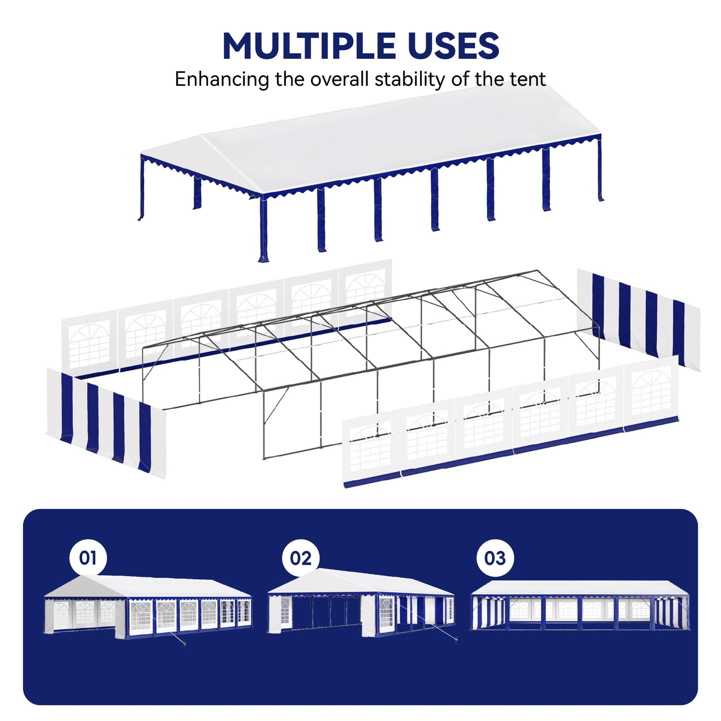 PHI VILLA 40 ft. x 20 ft. Large Outdoor Canopy Wedding Party Tent with Removable Side Walls & 7 Storage Bags, White with Blue Stripes