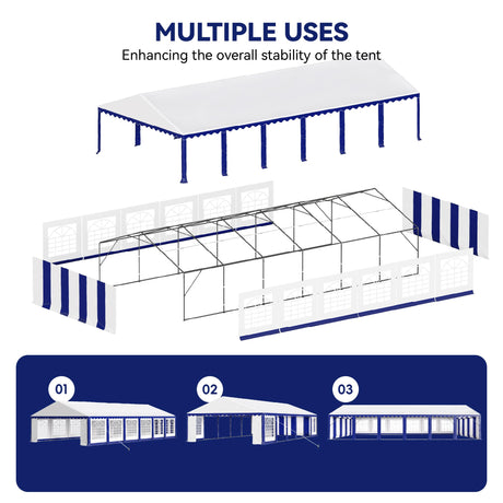 PHI VILLA 40 ft. x 20 ft. Large Outdoor Canopy Wedding Party Tent with Removable Side Walls & 7 Storage Bags, White with Blue Stripes PHI VILLA