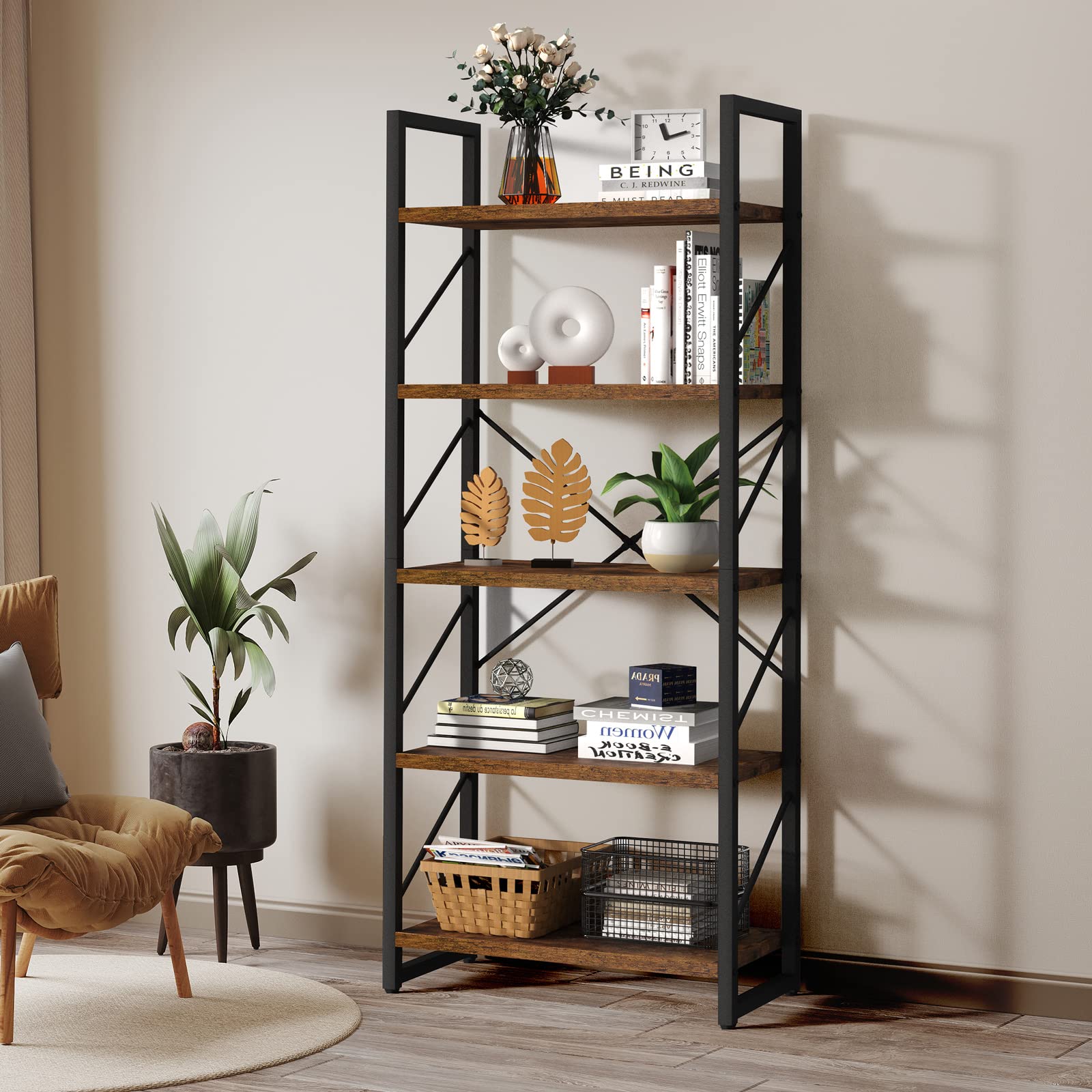 YITAHOME 5-Tier Rustic Brown Bookshelf - Stylish Modern Bookcase & Storage Rack for Home and Office - WoodArtSupply