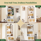 HOVANESTY Hall Tree with Bench and Shoe Storage, 5-in-1 Entryway Bench with Coat Rack, Padded Seat Cushion, 7 Tri-Hooks, Adjustable Shelf, Farmhouse Boho Furniture Organizer for Hallway, Rustic White HOVANESTY