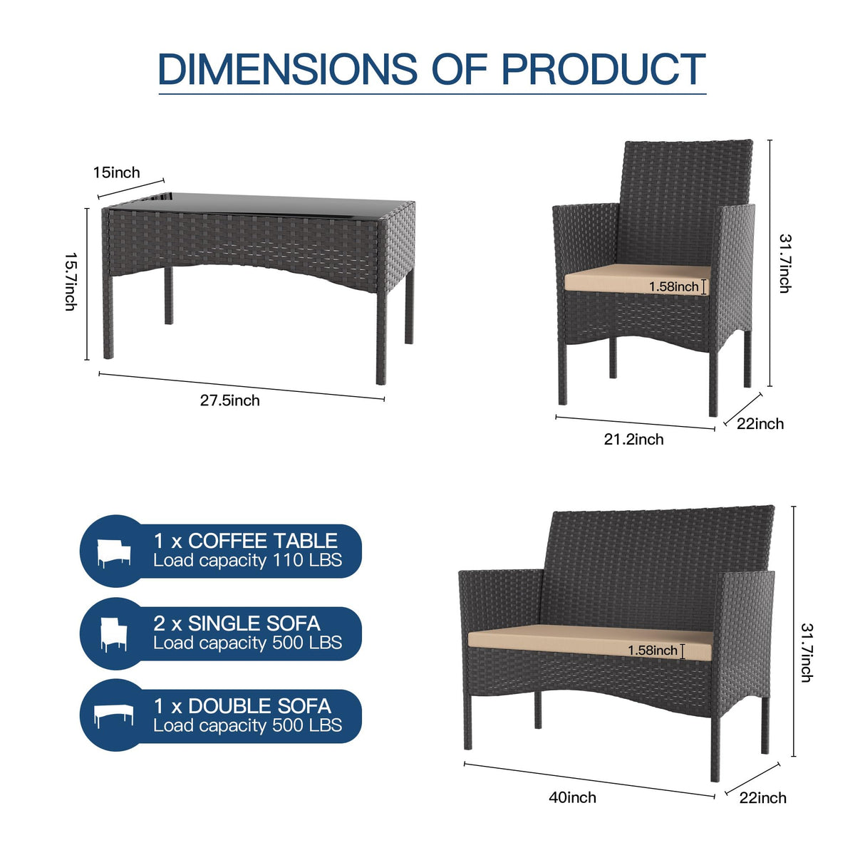 Kullavik 4 Pieces Outdoor Patio Furniture Set,PE Wicker Rattan Chairs Garden Conversation Sets with Tempered Glass Table and Soft Cushions for Lawn,Pool or Backyard,Sand Kullavik