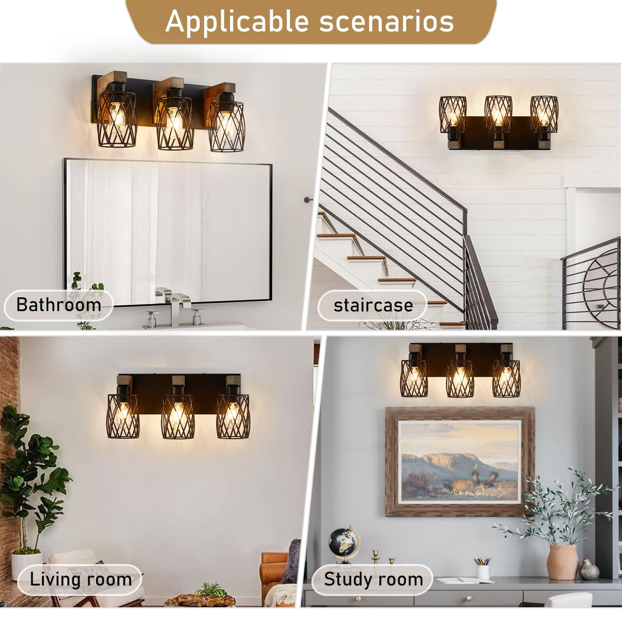 Farmhouse Bathroom Light Fixtures, Wood Bathroom Lighting Fixtures Over Mirror, 3-Light Vanity Light Fixture with Cage Metal Shade, Black Rustic Vanity Light for Bathroom, Hallway RVONOW