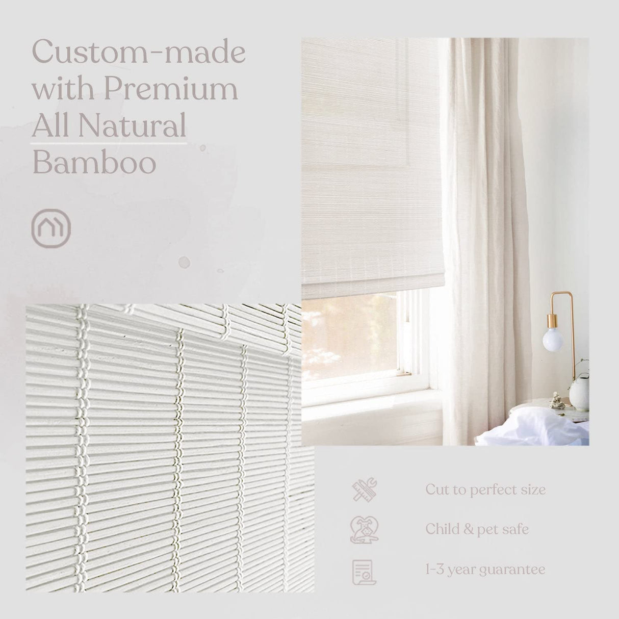 MOOD Custom Bamboo Shades | Modern | Cordless Bamboo Roman Shades for Windows and Doors (Natural Woven) | Modern White Dough (Sheer) | Custom Size Mood