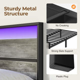 Rolanstar King Bed Frame with Headboard, Bed Frame King with LED Lights, Camas King Size Bed with Charging Station, Solid Metal Slats, Noise Free, No Box Spring Needed, Grey Rolanstar