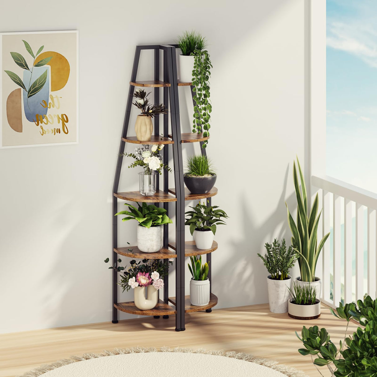 Furnulem 5 Tier Corner Shelf with LED Light, 67.2” Tall Standing Shelf for Wall Corner, Narrow Bookshelf Ladder Shelf for Bedroom, Living Room, Plant, Wood Storage Rack, Metal Frame (Rustic Brown) Furnulem