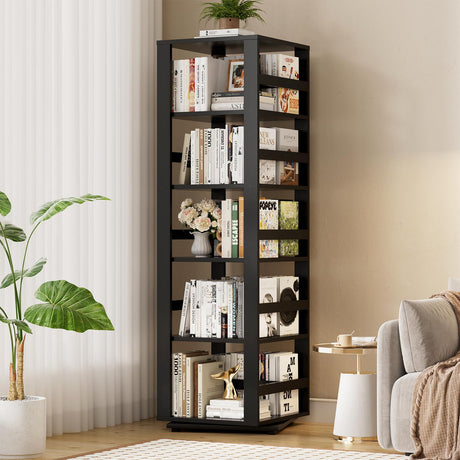 Homykic Rotating Bookshelf, Bamboo 360 Display Spinning Bookshelf Tower, 5-Tier Small Corner Bookcase for Small Spaces, Narrow Revolving Book Shelf Organizer Rack for Home Office, Black Homykic