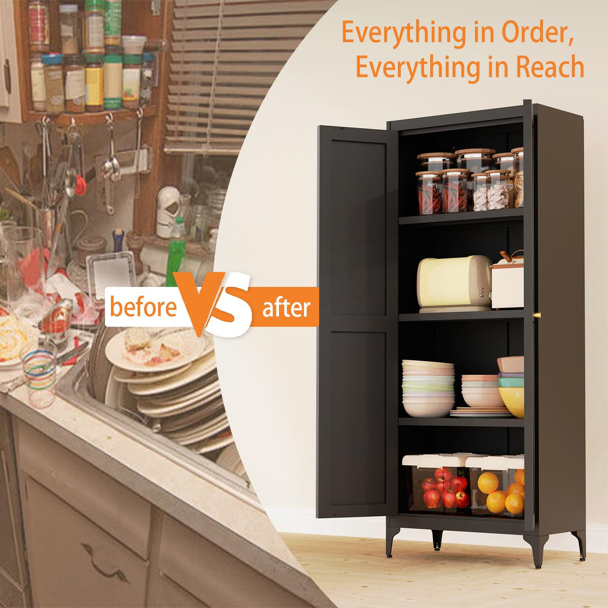 Howzone Tall Pantry Cabinet, 65" Kitchen Cupboard with Doors and Adjustable Shelves, Food Pantry Cabinets, Metal Hutch Cabinet with Storage for Kitchen, Living Room, Dining Room, Black Howzone