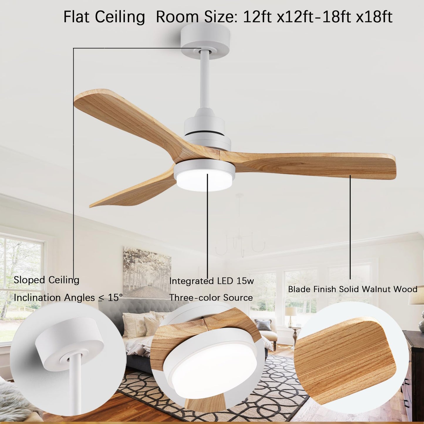 48" wooden ceiling fan with lighted remote control, indoor outdoor wooden ceiling fan, outdoor modern ceiling fan with 3 fan blades for patio, living room, farmhouse, etc (white + wood color)…