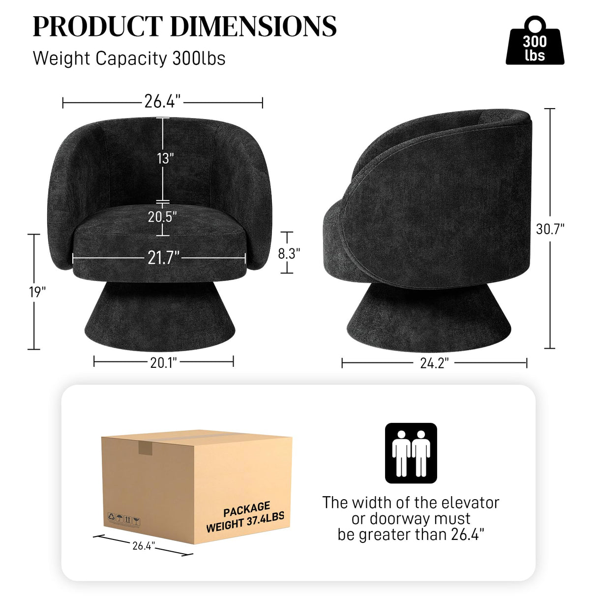 Nolohoo Swivel Barrel Chair Set of 2, Upholstered Swivel Cuddle Accent Chairs for Living Room, Comfy 360 Degree Modern Small Round Armchair for Bedroom, Office (Black, Linen) Nolohoo