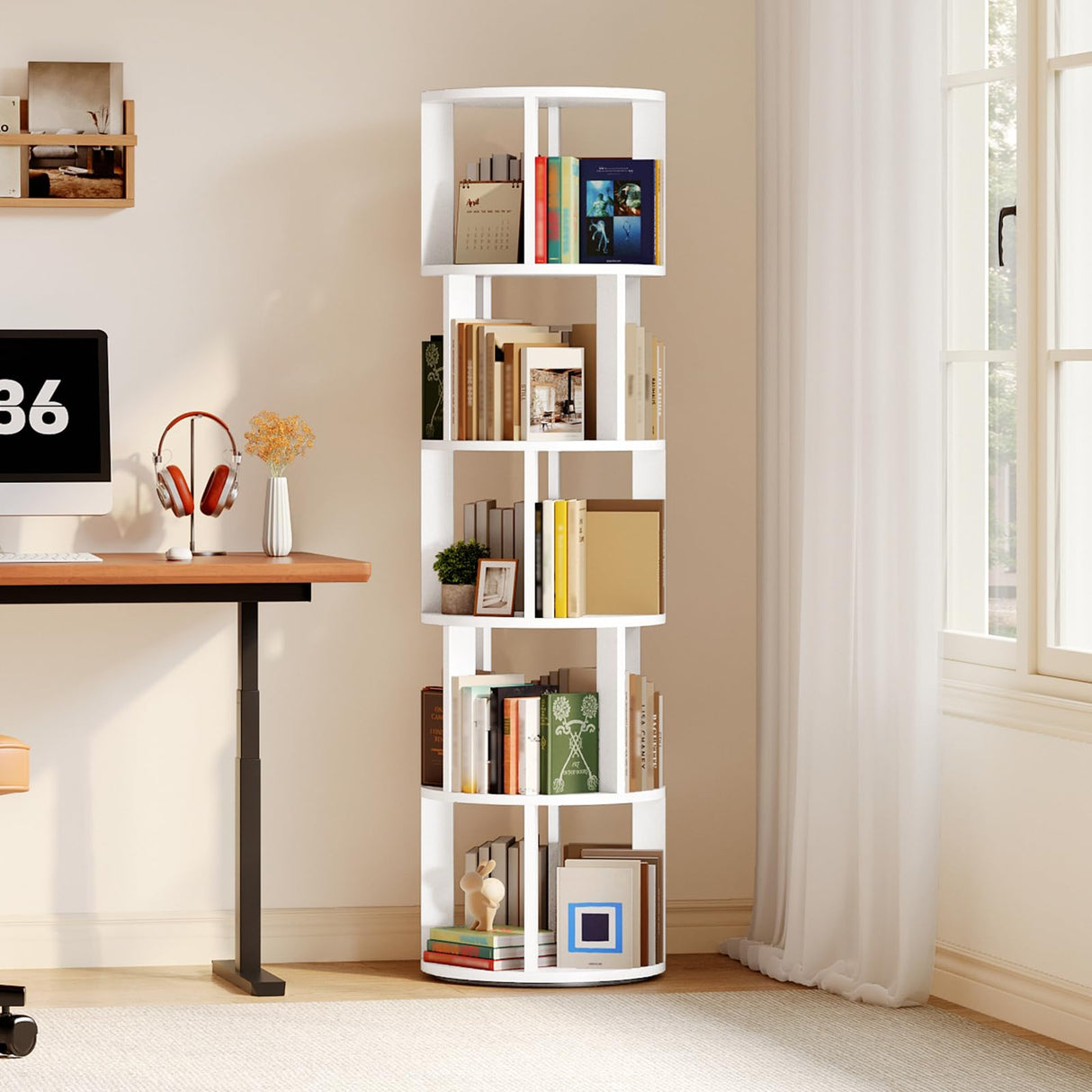 MAHANCRIS 5-Tier Rotating Bookshelf, 360° Spinning Bookshelf Tower, Floor Standing Round Revolving Bookcase, Display Rack for Books, CDs, for Living Room, Study, Bedroom, White BKWT6501 MAHANCRIS