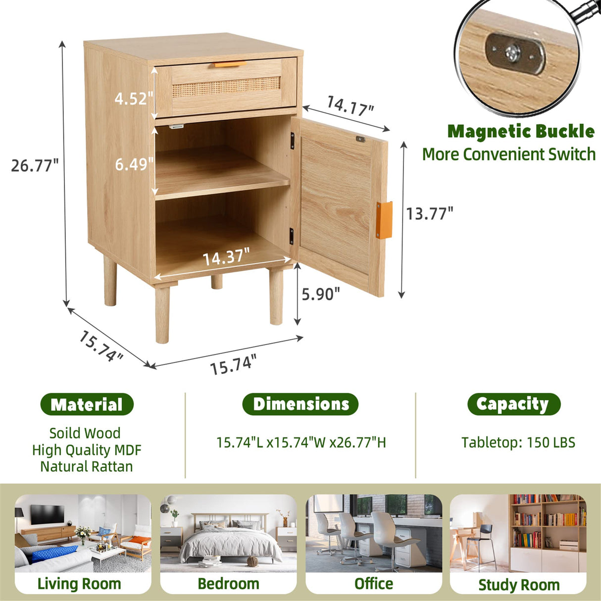 STHOUYN Nightstand Set of 2 with Drawers, Boho Night Stands Set of 2, Bed Side Tables Bedroom Set of 2, Oak Rattan Nightstand End Tables Small Space (Natural Rattan) STHOUYN