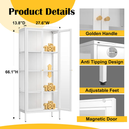 SteeLoong Glass Display Cabinet with 3 Lights,66”Metal White Display Cabinet with Glass Doors and 3 Adjustable Shelves,Curio Display Case for Livingroom