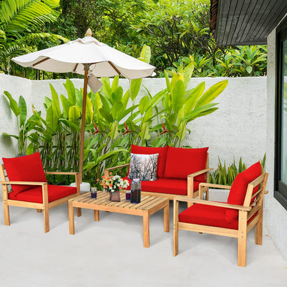 COSTWAY 4 Pieces Outdoor Acacia Wood Sofa Set, Outdoor Conversation Sofa Set with Table & Cushions Porch Chairs for Garden, Patio, Deck - WoodArtSupply