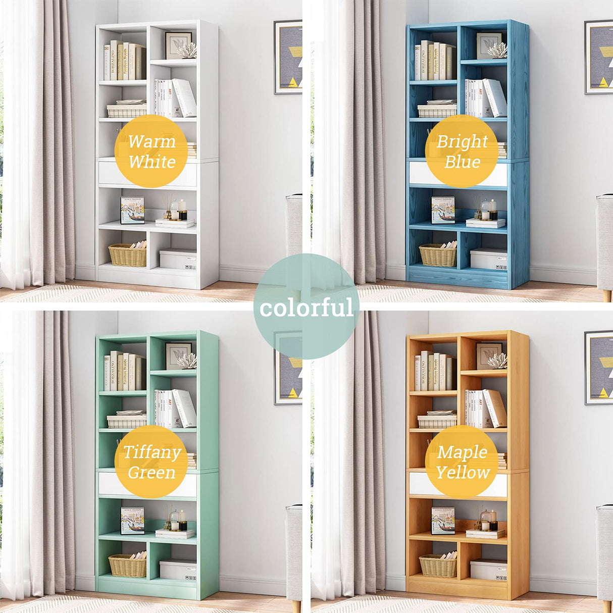 IOTXY Wooden Open Shelf Bookcase - 61 Inches Height Freestanding Display Storage Cabinet Organizer with 8 Cubes and a Drawer, Floor Standing Bookshelf in Tiffany-Green IOTXY