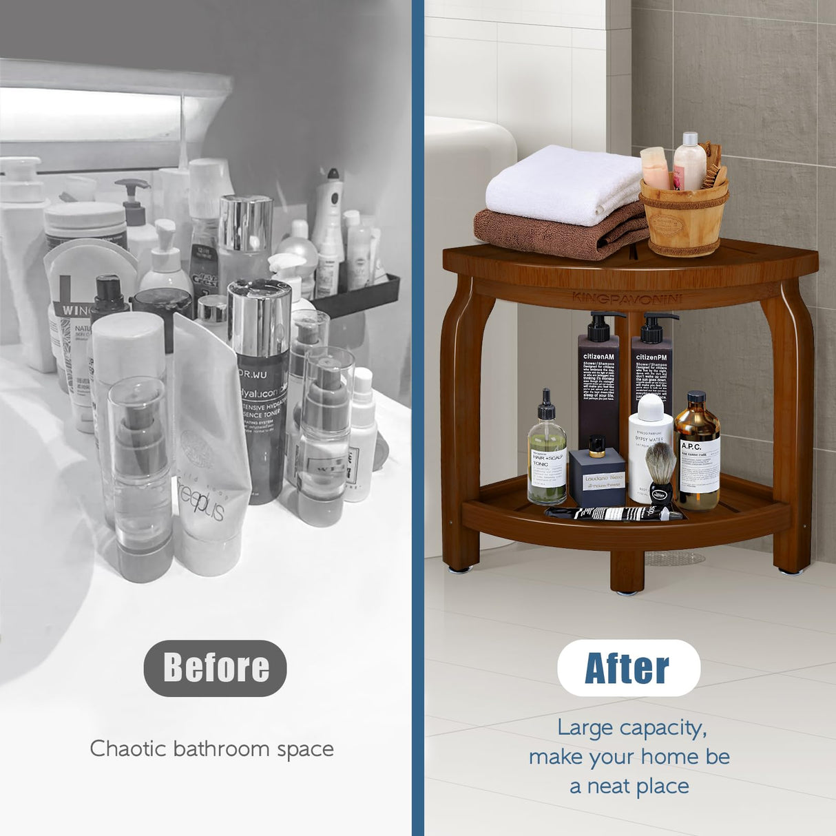 Bamboo Corner Shower Stool for Shaving Legs Foot Rest, Waterproof Bath Bench Seat with Storage Shelf for Bathroom Inside Shower, Hold Up to 450Lbs(Walnut) KingPavonini