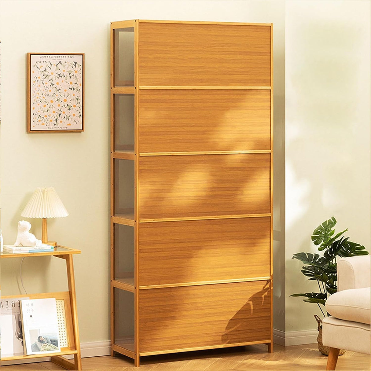 idhhco 5 Tier Curio Display Cabinet, Storage Cabinet with Acrylic Glass Door, Collectibles Toy Organizers Rack & Display Shelf, Kids Bookcase for Bedroom, Reading Nook, Toddler's Room, Bamboo idhhco