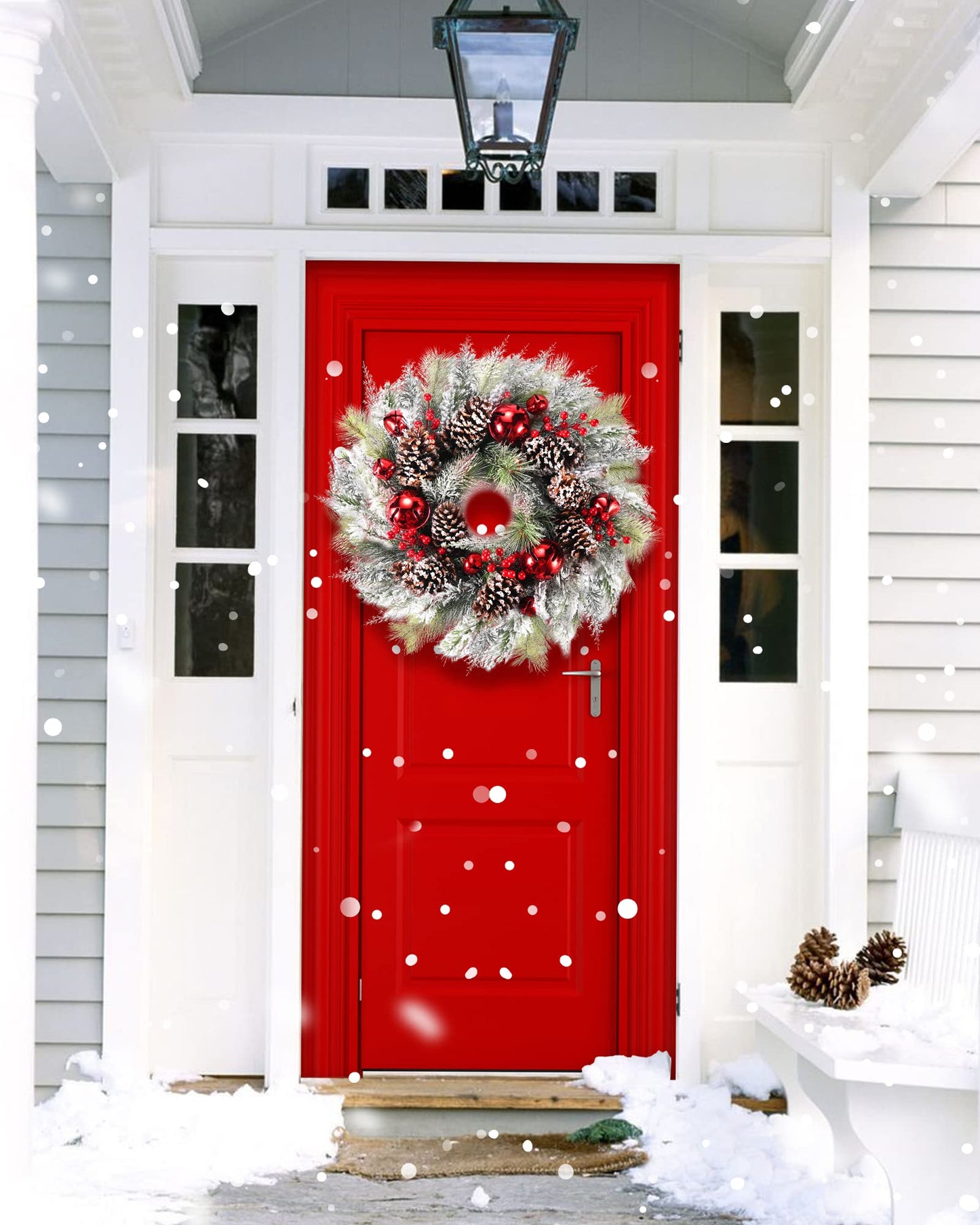 DDHS Christmas Wreaths for Front Door,24 Inch Pre-Lit Winter Wreath with Big Bells, Pine Cones, Red Berries 60 LED Lights, for Party Table Fireplaces Porch Walls New Years Christmas Home Decor-Snow