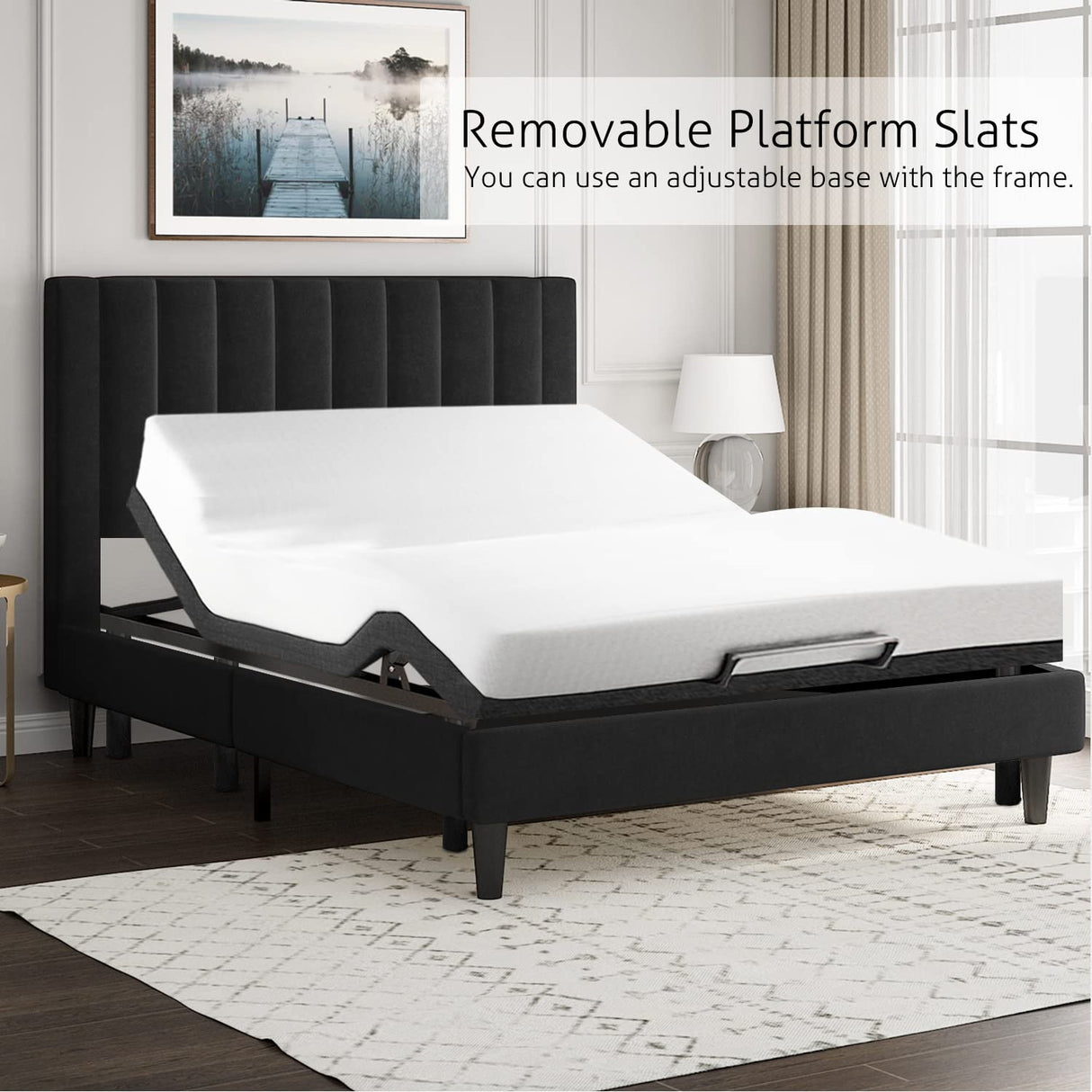SHA CERLIN King Bed Frame/Velvet Upholstered Platform Bed Frame with Headboard/Strong Wood Slats Support/Mattress Foundation/No Box Spring Needed - Black SHA CERLIN