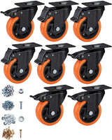 Casters, 4" Caster Wheels，Casters Set of 8 Heavy Duty - ASRINIEY Orange Polyurethane Castors, Top Plate Swivel Wheels, 8-Pack Industrial Casters with Brake, Locking Casters for Furniture and Workbench ASRINIEY