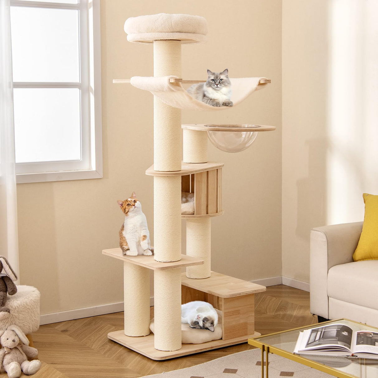 PETSITE 69 Inch Tall Wood Cat Tree, Multi-Level Modern Cat Tower with 5.7 inch Scratching Posts, Double Cat Condos, Space Capsule, Hammock, Large Wooden Cat Tree Tower for Indoor Cats, Natural PETSITE