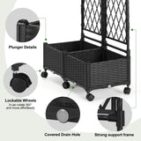 FOLLOOK Planter Box with Trellis, 4ft Tall Self-Watering Plastic Raised Garden Beds and Lattice Trellis with Lockable Wheels & Drain Plug for Outdoor Patio Backyard Balcony, Black, 2 Pcs FOLLOOK