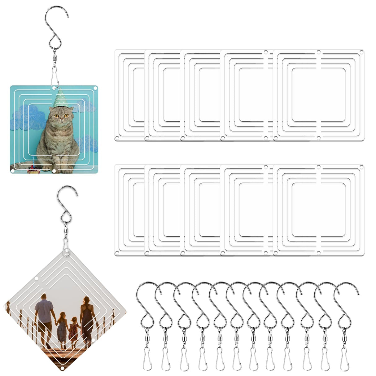 WindMage 12 Pack 3inch Sublimation Wind Spinner Blanks 3D Aluminum Metal Wind Sculpture Kinetic Spinners for Yard Garden Indoor Art Ornaments Xmas Hanging Decoration (Square) WindMage