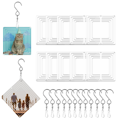 WindMage 12 Pack 3inch Sublimation Wind Spinner Blanks 3D Aluminum Metal Wind Sculpture Kinetic Spinners for Yard Garden Indoor Art Ornaments Xmas Hanging Decoration (Square) WindMage