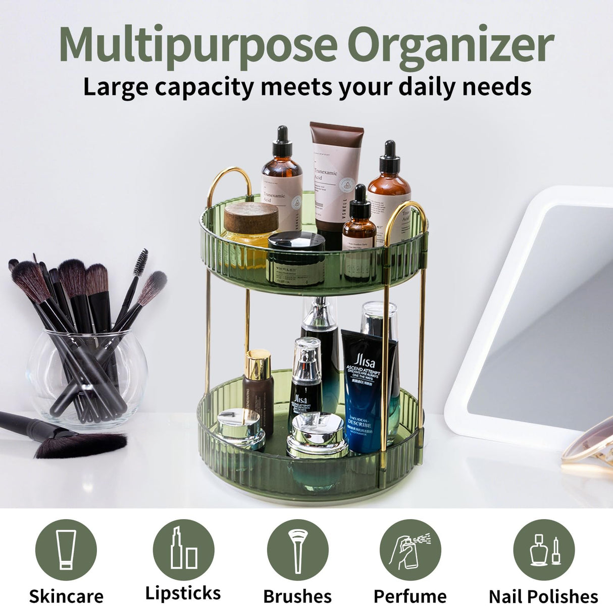 Asayuee 360 Rotating Makeup Organizer for Vanity,2 Tier Large Capacity Cosmetics Skincare Organizers,Bathroom Countertop Organizer Spinning Perfume Organizer,Dresser Vanity Organizer (Green-2 Tier) Asayuee