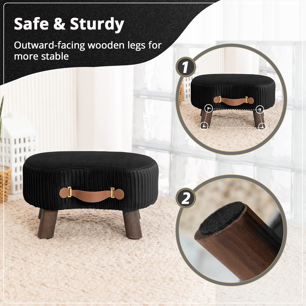 LUE BONA Small Curved Foot Stool with Handle, Black Velvet Footstool and Ottomans, Modern Foot Rest with Wooden Legs, Step Stool with Padded Seat for Couch, Living Room LUE BONA