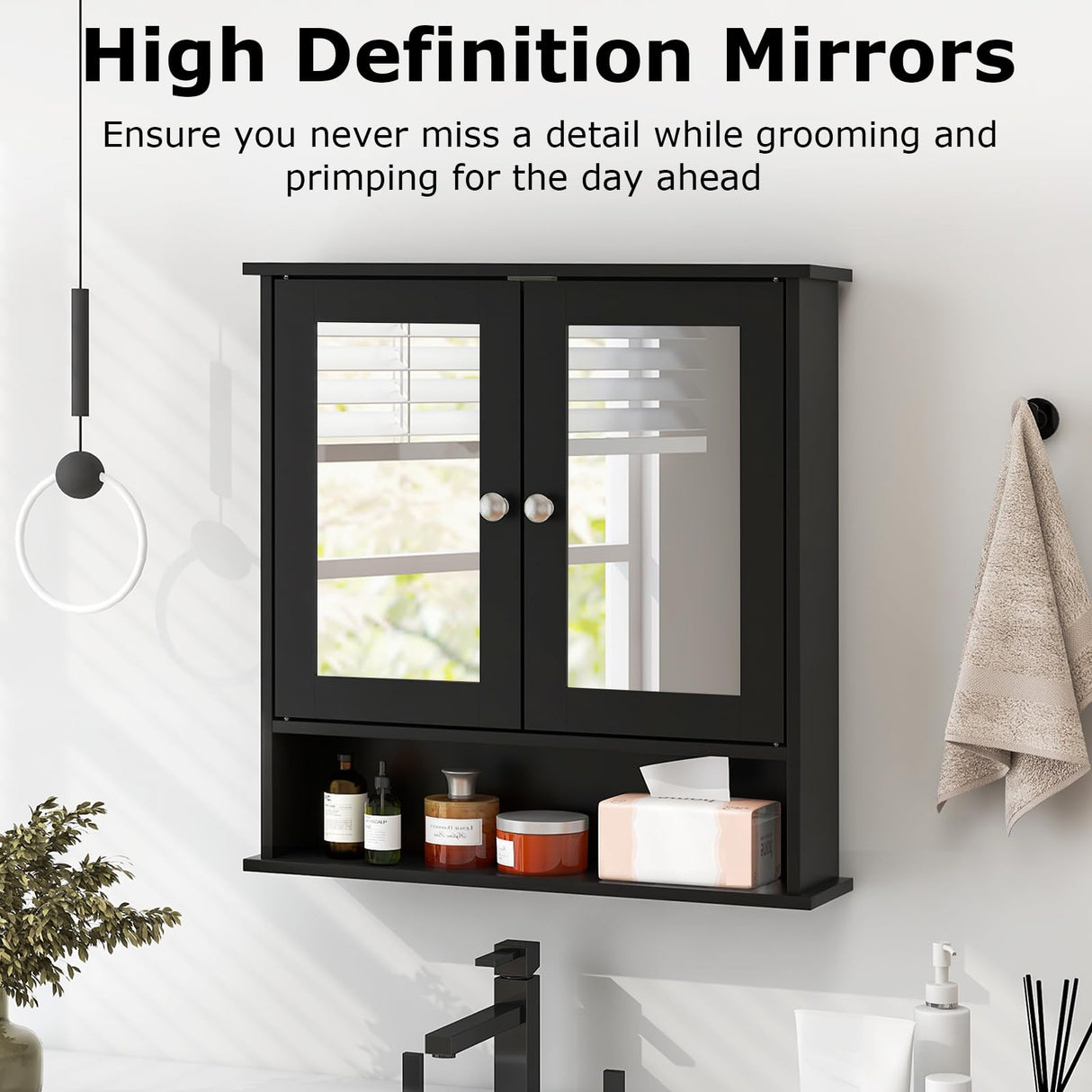 Tangkula Bathroom Medicine Cabinet with Mirror, Wall Mounted Wooden Hanging Organizer with Doors and Shelves, Bathroom Wall Mirror Cabinet (Mirror Doors, Black) Tangkula