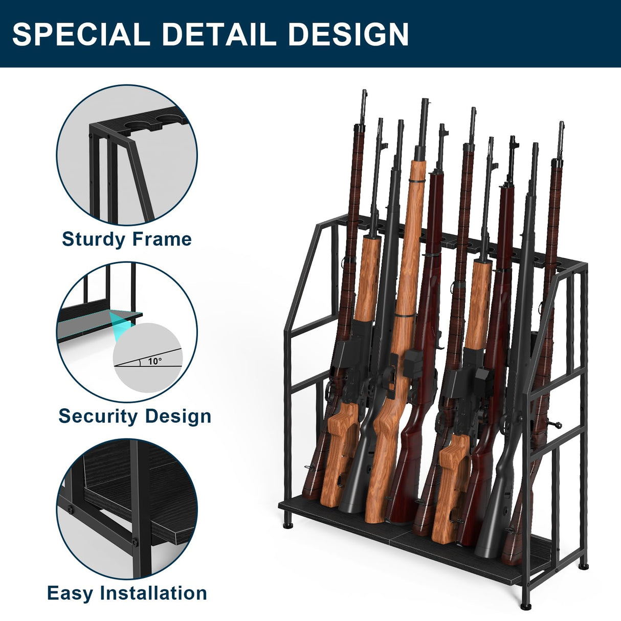 Gun Rack, Floor Standing Shotgun Racks Indoor, Heavy Duty Metal Frame Wooden Rifle Racks with Foot Padding, Vertical Gun Display Stand for Home Garage Gun Storage - Holds up to 10 Long Guns Nandae