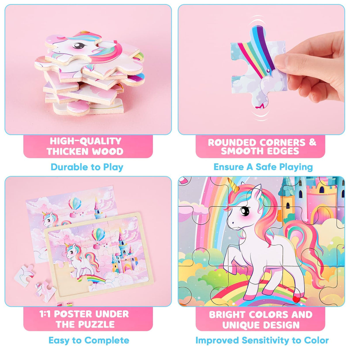WERNNSAI Unicorn Wooden Jigsaw Puzzles - 4 Pack of 24 Piece Unicorn Princess Wooden Puzzles Preschool Educational Brain Teaser Boards Toddlers Toys Gifts for 3 4 5 6 Year Old Kids Birthday Toys Gifts WERNNSAI